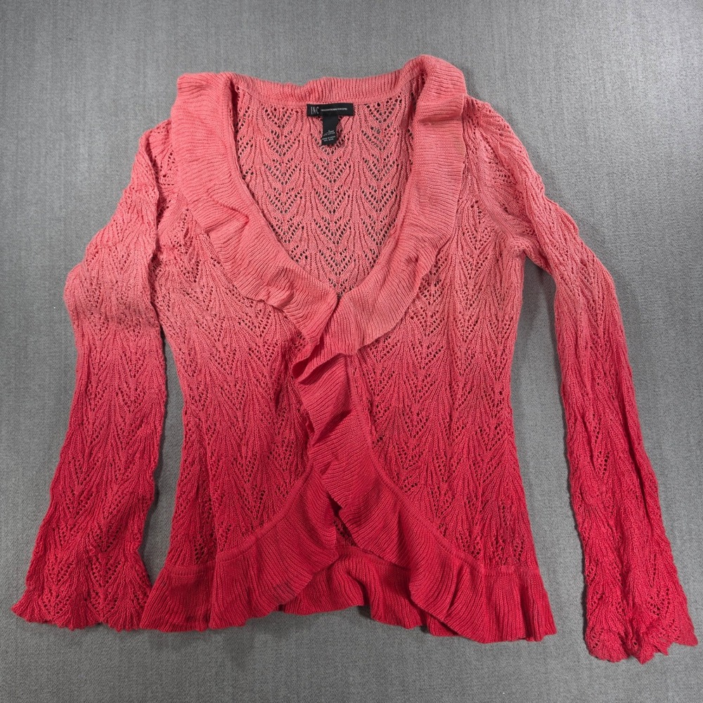 INC Cardigan Women Large Pink Ombre Ruffle‎ Pointelle Knit Hook Eye Closure